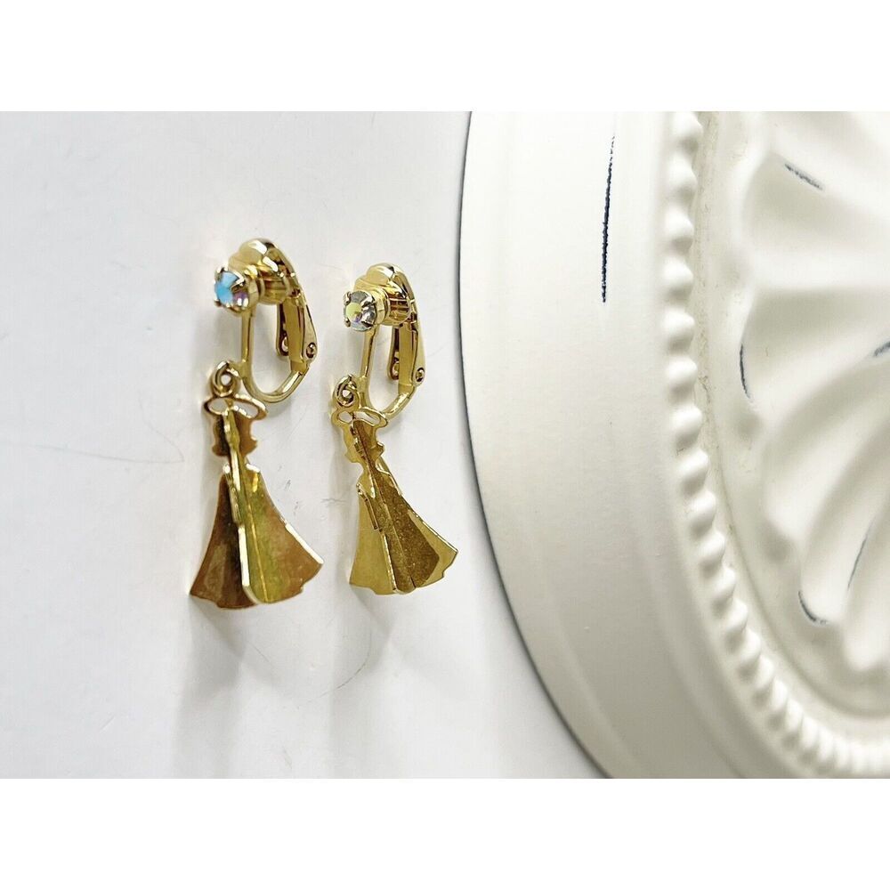 Vintage Avon Earrings clip on gold tone angel rhinestone heavenly sparkle glam‎